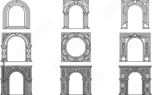 Collection of decorative architectural archway frames and portals transparent background