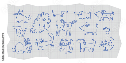 Childlike Doodle Cats and Dogs seamless pattern with playful Crayon animal Characters in simple funny Poses, hand drawn line art Repeat design for posters cards wrapping paper. Vector illustration