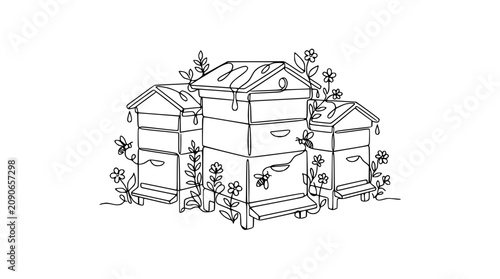 Fotografie Line Art Beehives with Bees and Flowers - Organic Farming and Nature Illustratio
