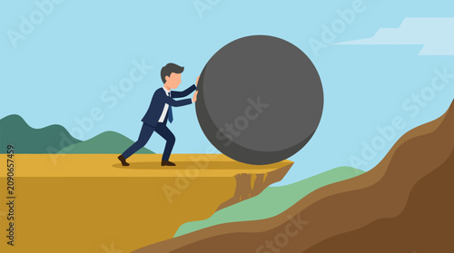 Businessman pushing a massive boulder to the edge of a steep downhill slope, minimalist vector metaphor for mounting pressure, risky decisions, difficult workload and turning point