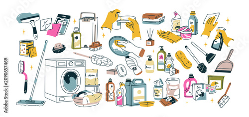 Clean products, household equipment set. Housekeeping supplies for domestic cleanup. Housework tools, cleaning and washing stuff, accessories. Flat vector illustrations isolated on white background
