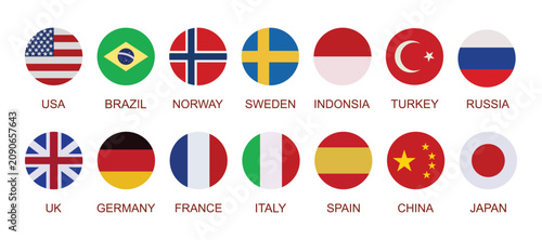Photography international round flag icons set vector, usa brazil norway sweden indonesia tu