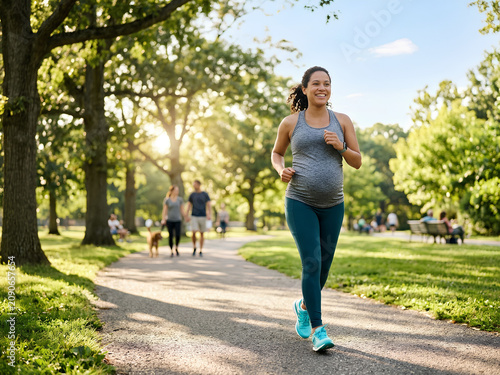 A pregnant woman happily jogs on a sunny day along a park path with trees and other people in the background.