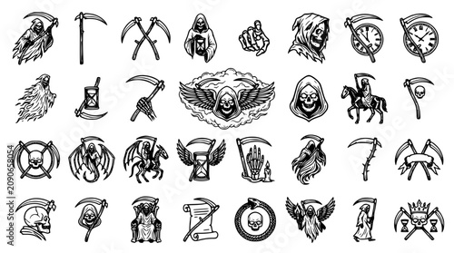 Foto Grim Reaper Collection with Scythes and Hourglasses in Vintage Engraving Style