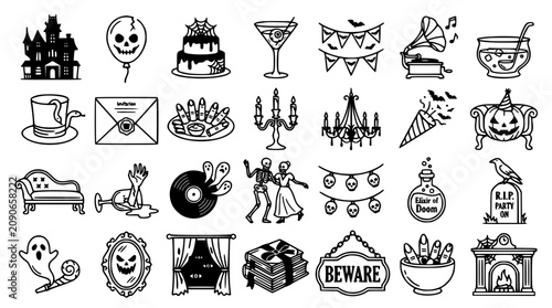 Schilderij op canvas Spooky Halloween Icons Set with Haunted House and Ghosts for Festive Design