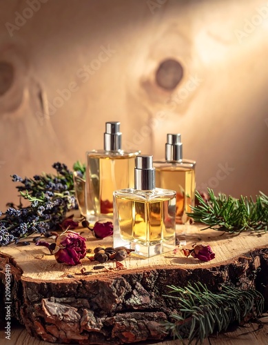 Elegant Glass Perfume Bottles Arranged on Rustic Wooden Slice with Dried Herbs