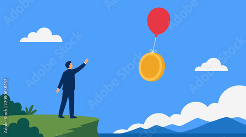 Investor releasing balloon lifting heavy coin skyward financial growth investment profit rising economy wealth accumulation success return market gain prosperity opportunity risk reward