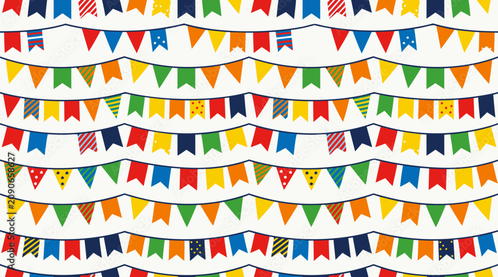 Fototapeta premium Seamless rows of colorful party bunting flags with playful stripes, dots and bright festival colors on a light textured background, cheerful vector pattern for birthdays and festive decor