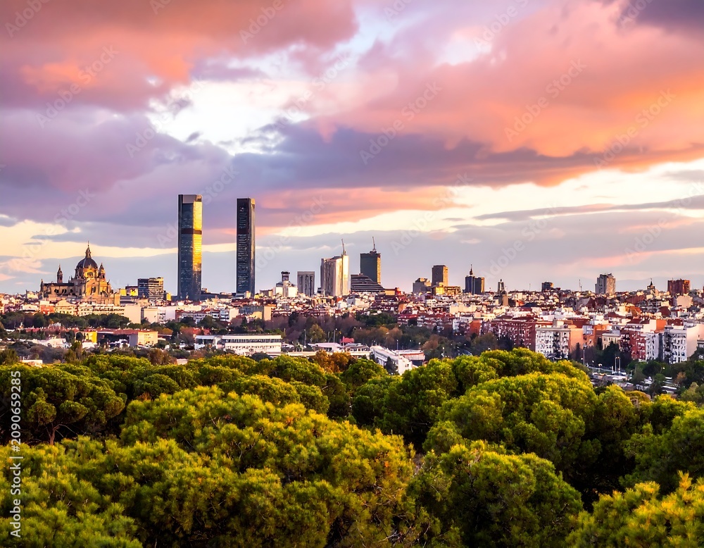 Fototapeta premium A vibrant sunset casts golden light over a bustling cityscape, its high-rise structures contrasting with a green, forested foreground