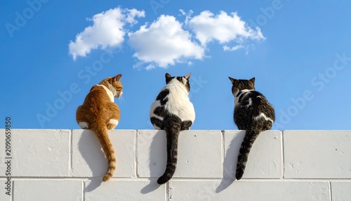 Three Curious Cats Sitting on White Brick Wall Under Blue Sky