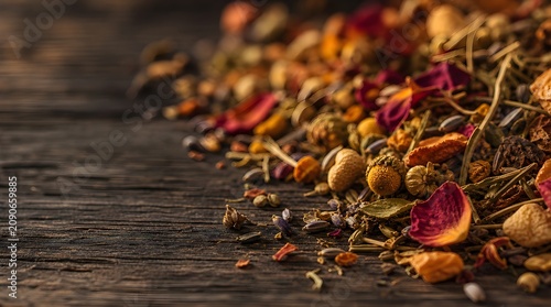 Close-up of dried herbs and spices spread on a wooden table