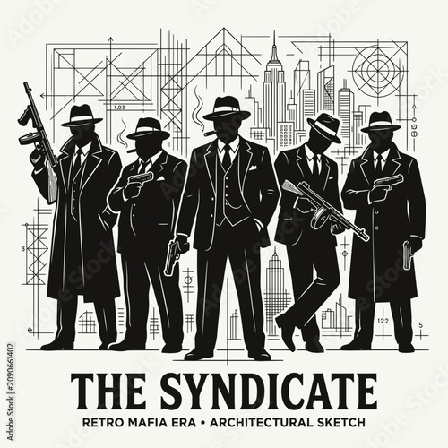 Tableau sur toile Retro Mafia Syndicate Gangsters with Guns and City Blueprint Background