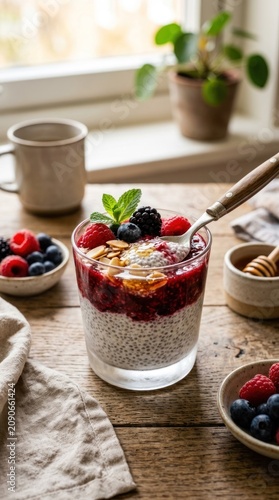 Healthy Chia Seed Pudding with Fresh Berries and Honey.