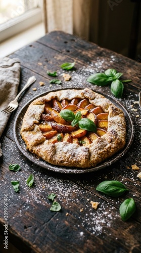 Rustic Peach Galette with Fresh Basil Garnish on Wooden Table.