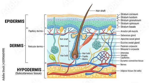 Quadro su tela Cross-section of human skin layers: epidermis, dermis, hypodermis, hair follicle