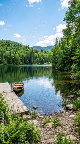 Serene Lake Dock with Canoes Surrounded by Lush Green Forest and Mountains.