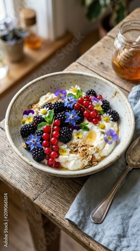 Healthy Breakfast Bowl with Fresh Berries and Edible Flowers.