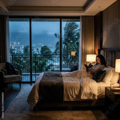 Woman Relaxing in Luxurious Hotel Room with City View at Night.