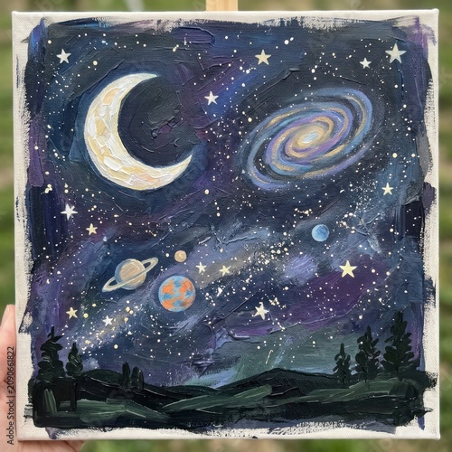Vibrant Acrylic Painting of a Cosmic Night Sky with Planets and Galaxy.