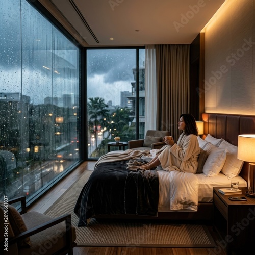 Woman Relaxing in Luxury Hotel Room with City View at Night.