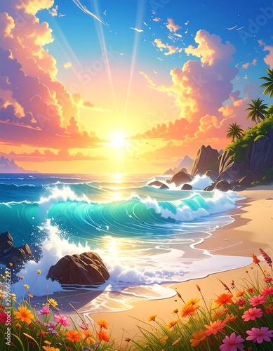A vibrant sunrise casts golden light over a scenic beach. Turquoise waves crash on the shore, framed by colorful flowers and cliffs