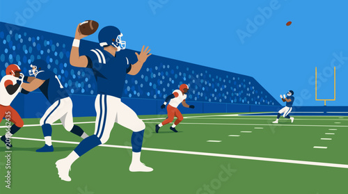 Bold vector illustration of an American football quarterback dropping back to launch a long downfield pass, with linemen, receivers, defenders, goalposts, and stadium game day intensity