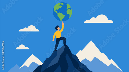 Ambitious leader balances a spinning globe on one fingertip from a sharp mountain summit, bold vector concept of global success, strategic vision, challenge, leadership, and reaching impossible goals