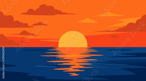 Glowing orange sunset over calm ocean horizon vector illustration, with golden sun reflection, deep blue waves and scattered clouds creating serene tropical evening seascape background