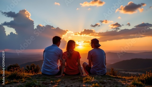 Three people are sitting on a grassy hill, watching the sunset in a scenic outdoor landscape