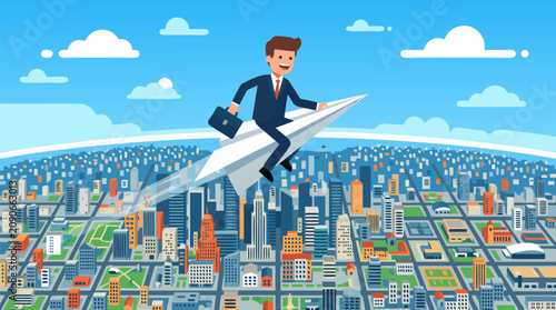 Cheerful businessman riding a tiny paper airplane high above a sprawling city skyline, playful vector metaphor for startup vision, innovation, freedom, ambition, growth and opportunity