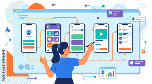UX designer arranging floating mobile app screens into a connected user journey, colorful wireframes, arrows, analytics, checkout flow, and interface planning vector illustration for product design