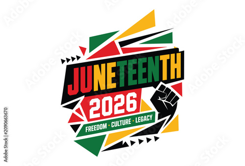 Juneteenth 2026 freedom culture legacy abstract geometric design pan african flag colors raised fist and african continent map
