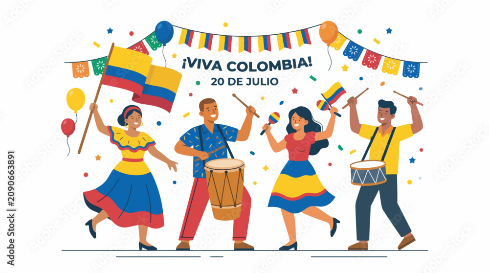 Naklejka premium People celebrating Colombia's Independence Day with flags, music, and decorations.