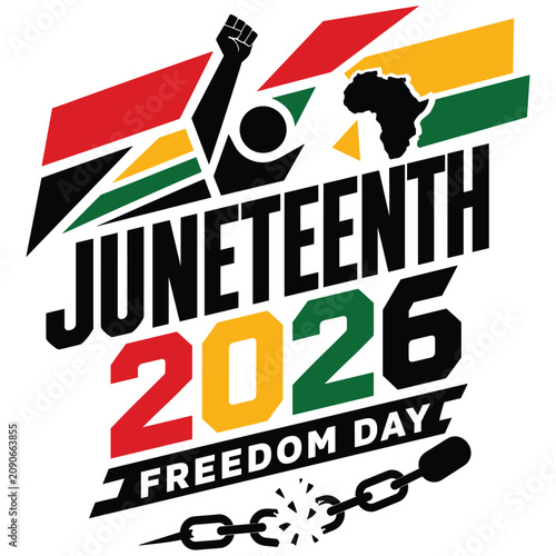 Juneteenth freedom day 2026 raised fist and broken chain symbols pan african flag colors and africa continent map abstract background