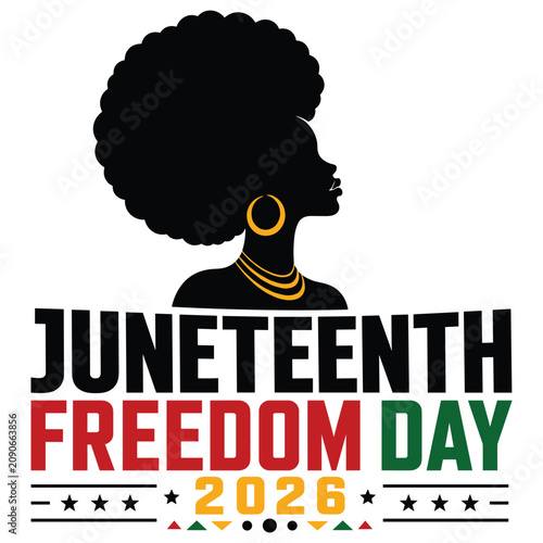 Juneteenth freedom day 2026 silhouette of african american woman with afro and gold earrings black history month pride graphic