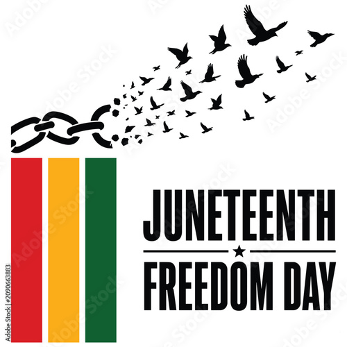Juneteenth freedom day illustration with emancipation broken chains and flock of birds flying upwards