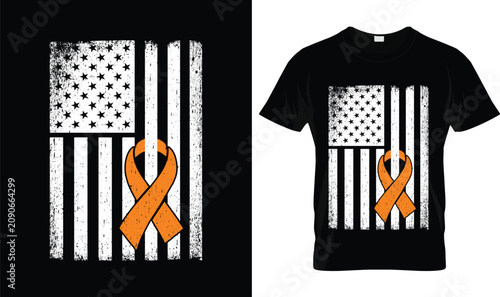 Leukemia Awareness T-Shirt with American Flag and Orange Ribbon, Patriotic Cancer Awareness Design for Survivors, Fighters, Veterans, Family Support and Awareness Month