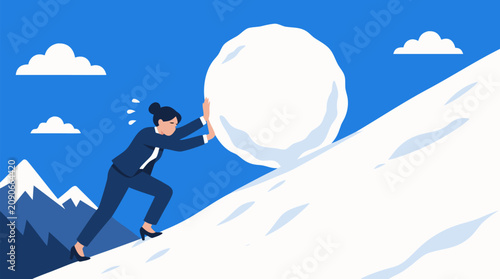 Exhausted businesswoman pushing an enormous snowball up a steep winter hill, symbolizing workplace pressure, burnout, ambition and adversity in clean flat vector style against bright blue sky