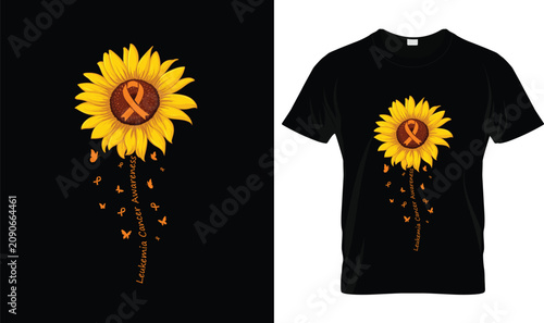 Leukemia Awareness T-Shirt with Sunflower and Orange Ribbon, Leukemia Cancer Awareness Floral Typography Design for Survivors, Fighters, Family, Supporters and Awareness Campaign