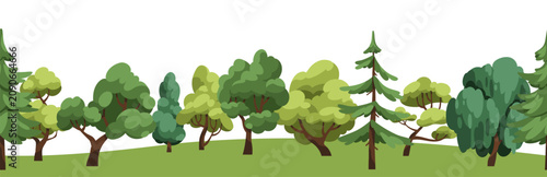 Trees border, seamless pattern design. Endless horizontal panorama, summer na...