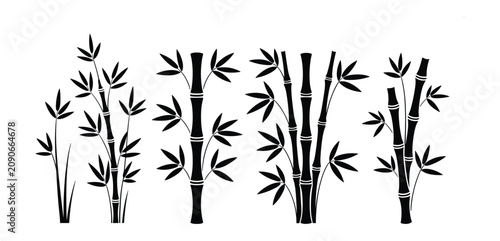 Tableau sur toile Bamboo Silhouette Collection: A graphic set showcasing the elegant simplicity of bamboo stalks and leaves in a striking black and white silhouette design