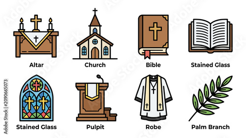 Bild auf Leinwand Christianity Symbols and Objects: Altar, Church, Bible, Pulpit, Robe, Palm Branc