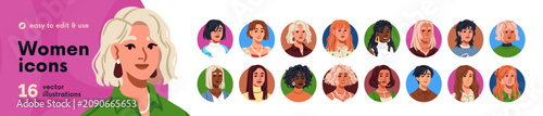 Women head avatars, round icons set. Female user profile portraits with moder...