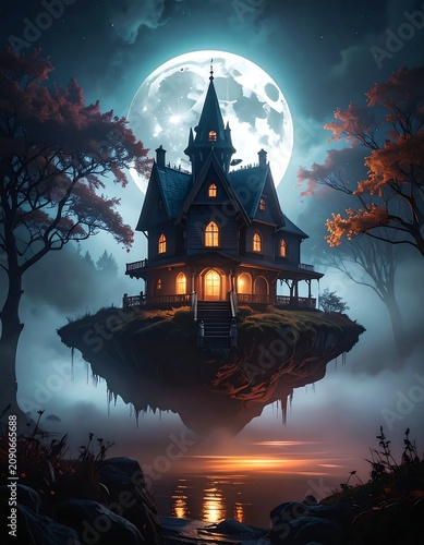 Glowing Victorian House Floating Above Misty Lake Under Full Moon Night