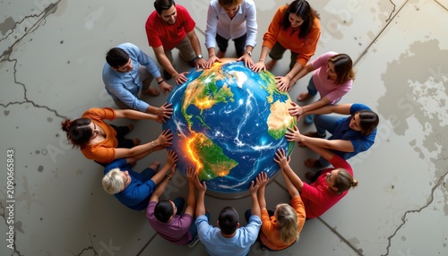 A diverse group of people is gathered around a large globe, each person placing one hand on its surface