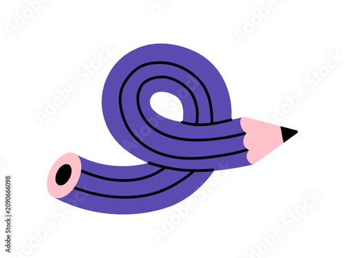 Obraz na plátně Vector curved flexible twisted purple pencil in double knot, funny bendy stationery for creative drawing and imaginative school art