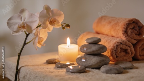 Multiple white orchid blooms, a burning pillar candle, carefully stacked wet massage stones, scattered smooth pebbles, and rolled coral towels arranged on a soft cream surface for a calming wellness s