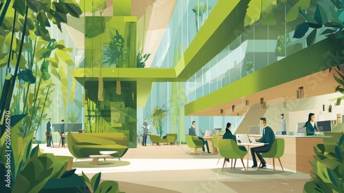 Modern Green Office Interior with People Working and Lush Plants, Sustainable Workspace Design.