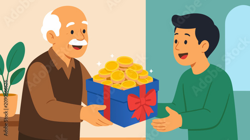 Smiling older man giving a blue gift box overflowing with bright gold coins to a happy younger recipient, generous financial support, inheritance, bonus or wealth transfer concept in warm home scene