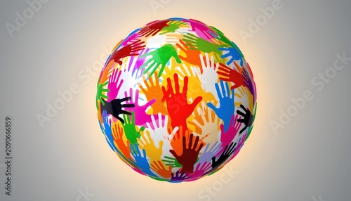 The image features a spherical shape composed of numerous colorful handprints overlapping and interconnected, creating a vibrant and dynamic pattern